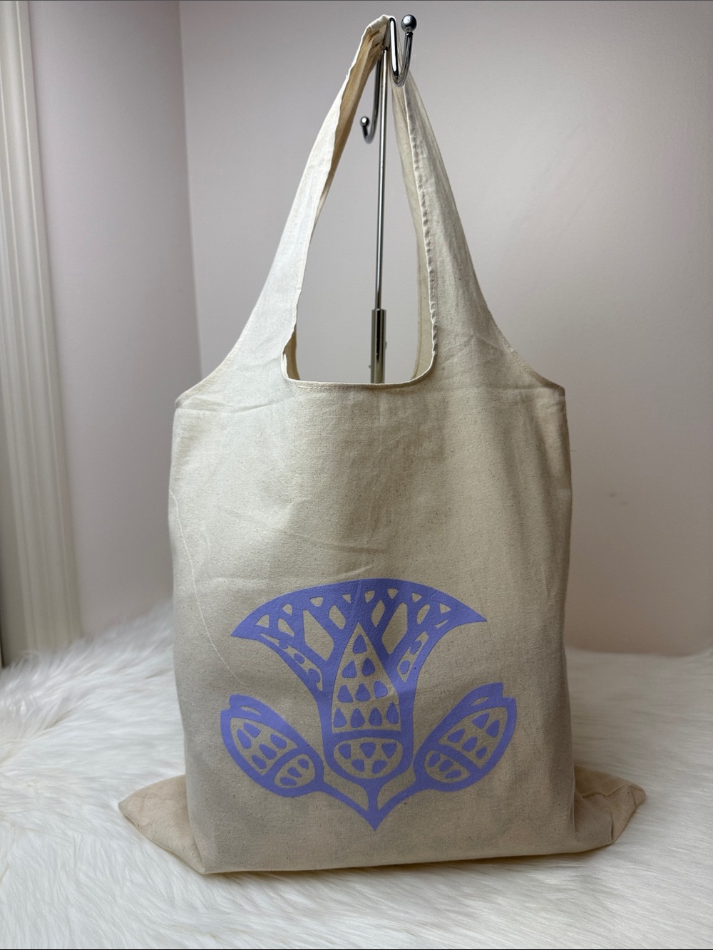NWOT AVEDA Cream Canvas Tote with Lavender Floral Motif 16x15